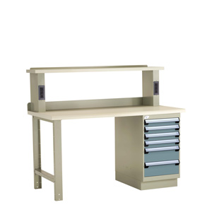 Workbench with cabinet and electrical outlets