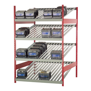 Rousseau Metal battery rack with 4 shelves and 17 batteries on them