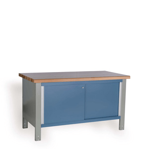 Closed workbench with blue sliding doors