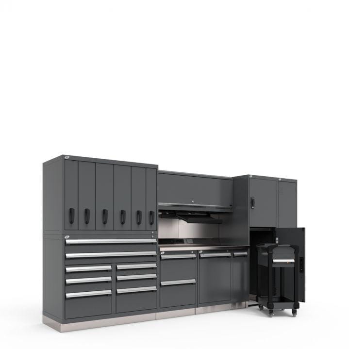 Rousseau Metal Single Work Center with Tech caddy and vertical drawers