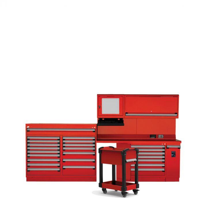 Rousseau Metal Single Workstation with Drawers and painted top red and computer cabinet