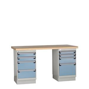 Rousseau Metal Workbench with Wood Top and Two Blue Drawer Cabinets