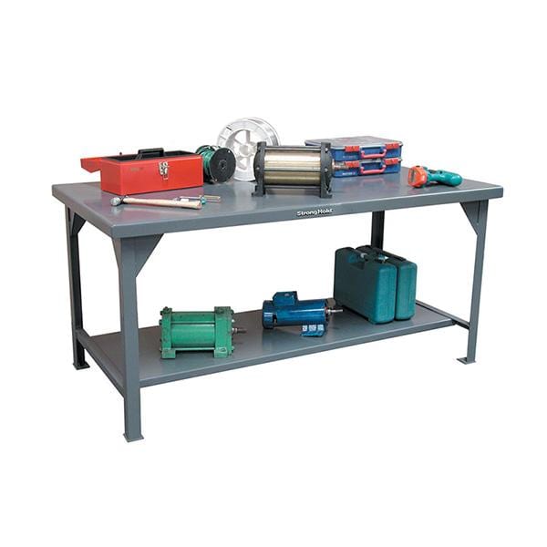 Strong Hold Metal Industrial Shop Table Grey with Bottom Shelf Grey 