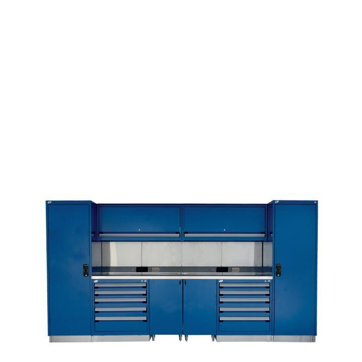 Rousseau Technician Workcenter with lockers and hideaway doors blue